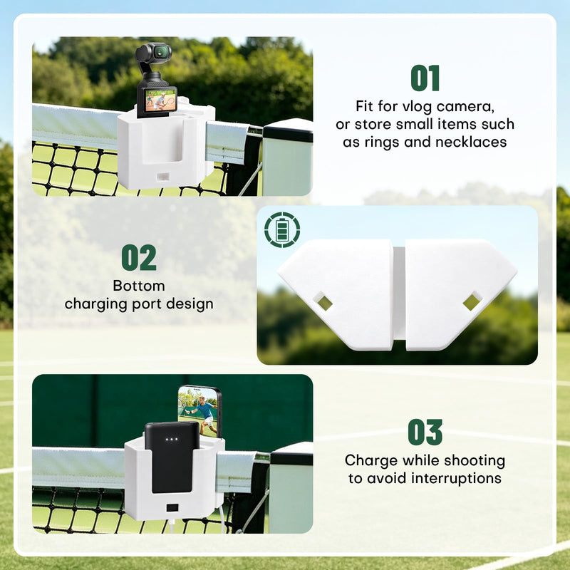 Tennis Net Phone Holder - Portable Camera Mount with Charging Port Cutout for Net & Fence - Dual Holders for Pickleball Badminton