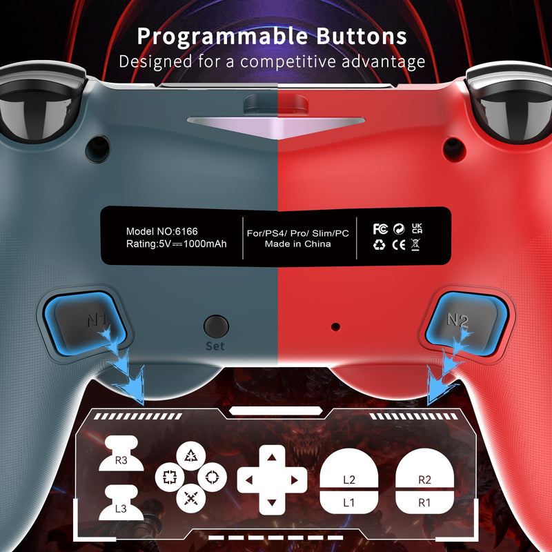 2 Pack Wireless Controller for PS4, Game Remote Controller Compatible with PS4/Slim/Pro/PC, Programmable, RGB Light, 1000mAh Battery, Dual Vibration, 6-Axis Gyro, Share, Touch Pad,Speaker&Audio Jack Camo Red&Blue