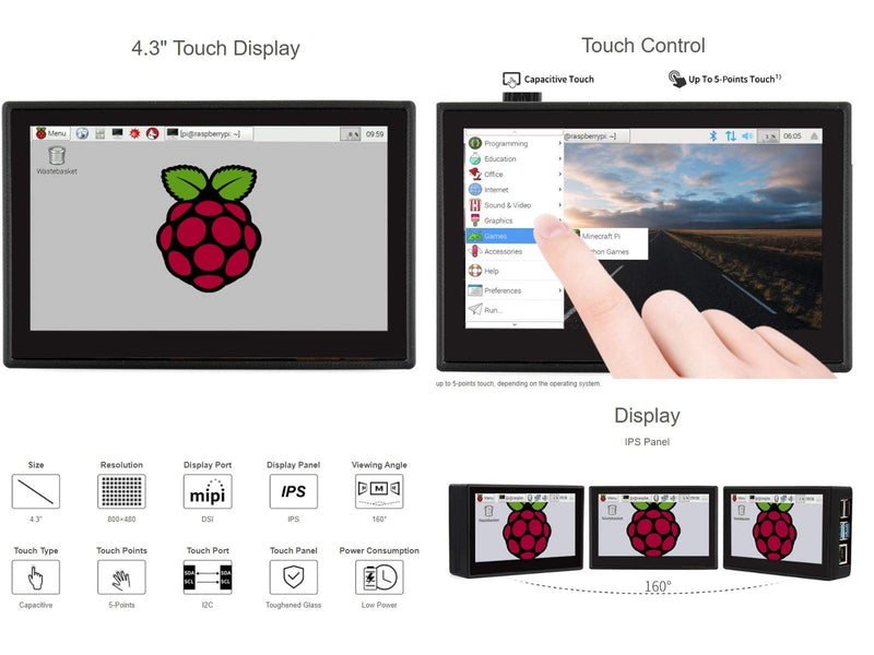 waveshare 4.3inch DSI LCD Capacitive Touch Display with Protection Case for Raspberry Pi 4 B,800×480 Resolution IPS Screen Wide Angle,MIPI DSI Interface