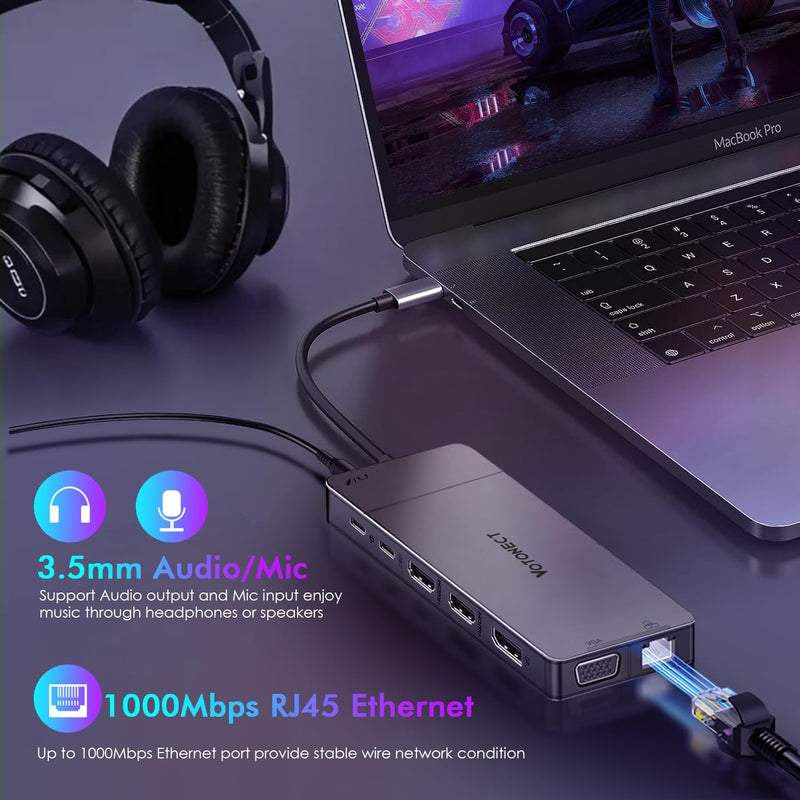 USB C Hub USB C Docking Station 14-in-1 Adapter with Dual 4K HDMI & 8K DP Output USB3.0 x2, VGA, USB2.0 x2, PD100W, Gigabit Ethernet, 3.5mm Audio for MacBook, Dell, HP, Lenovo, Surface