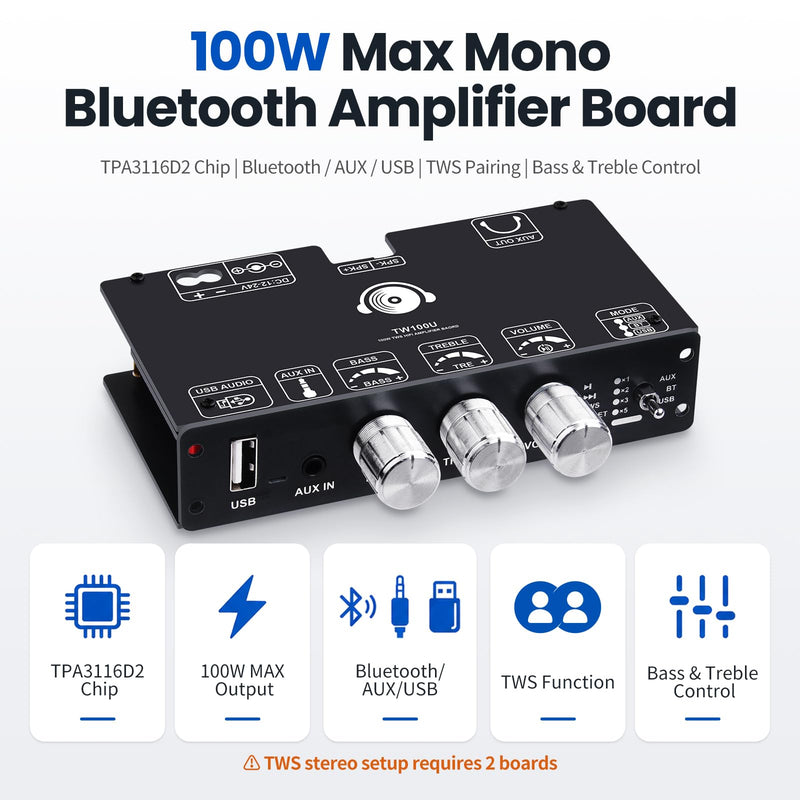 TW100U Mono Bluetooth Amplifier Boards, 2-PCS | 2 TPA3116D2 mono boards with TWS pairing, Bluetooth, AUX and USB inputs plus bass-treble controls, DC 12-24V.