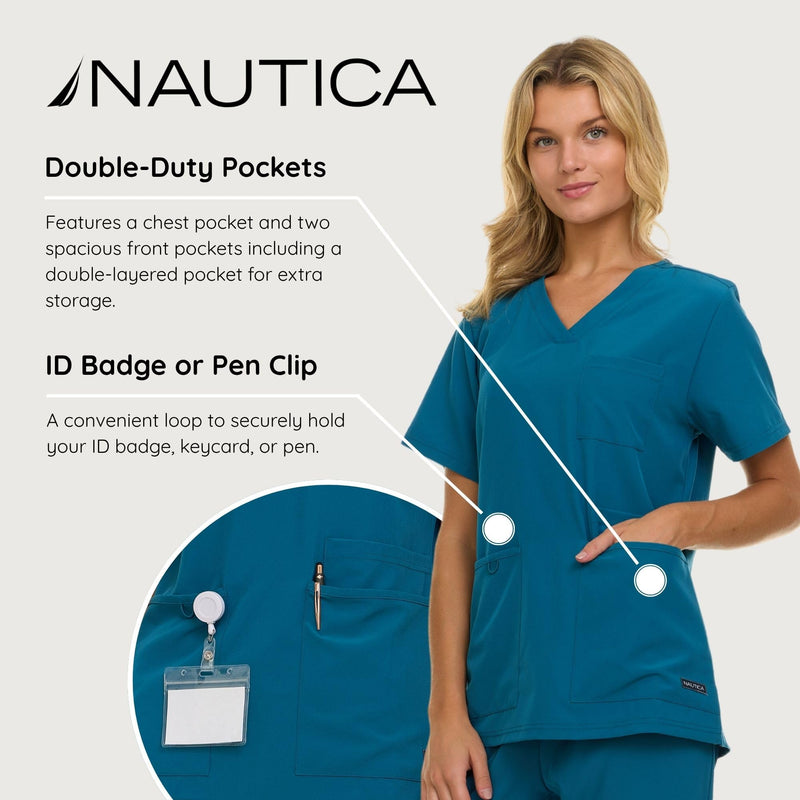 Nautica Women's Scrub Set, 9-Pocket Breathable & Stretchy Pants & Tops Carribean Medium