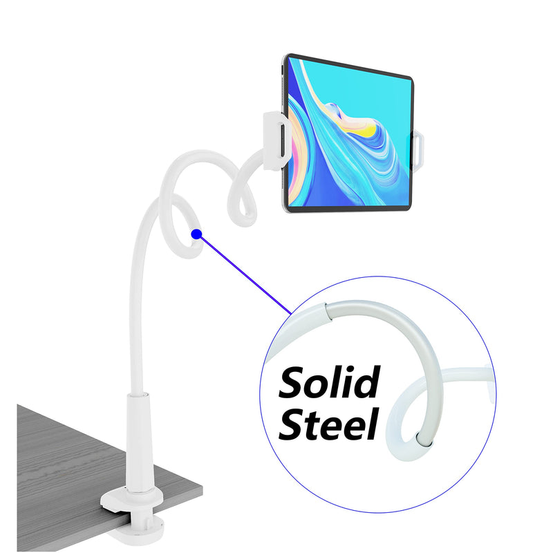 Tablet Stand Holder, Mount Holder Clip with Grip Flexible Long Arm Gooseneck Compatible with ipad iPhone/Nintendo Switch/Samsung Galaxy Tabs/Amazon Kindle Fire HD (NEW WHITE) NEW WHITE