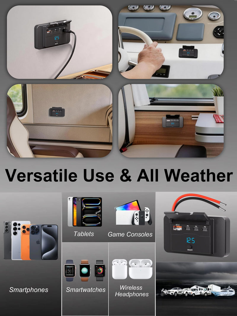 12V RV USB Outlet Wall Mount Panel: 40W 4 Ports USB Socket Car Charger | 3* 20W PD3.0 Type-C & 1* 18W QC3.0 Quick Charging with LED Light Power Switch for RV Truck Boat Golf Cart Marine Bus
