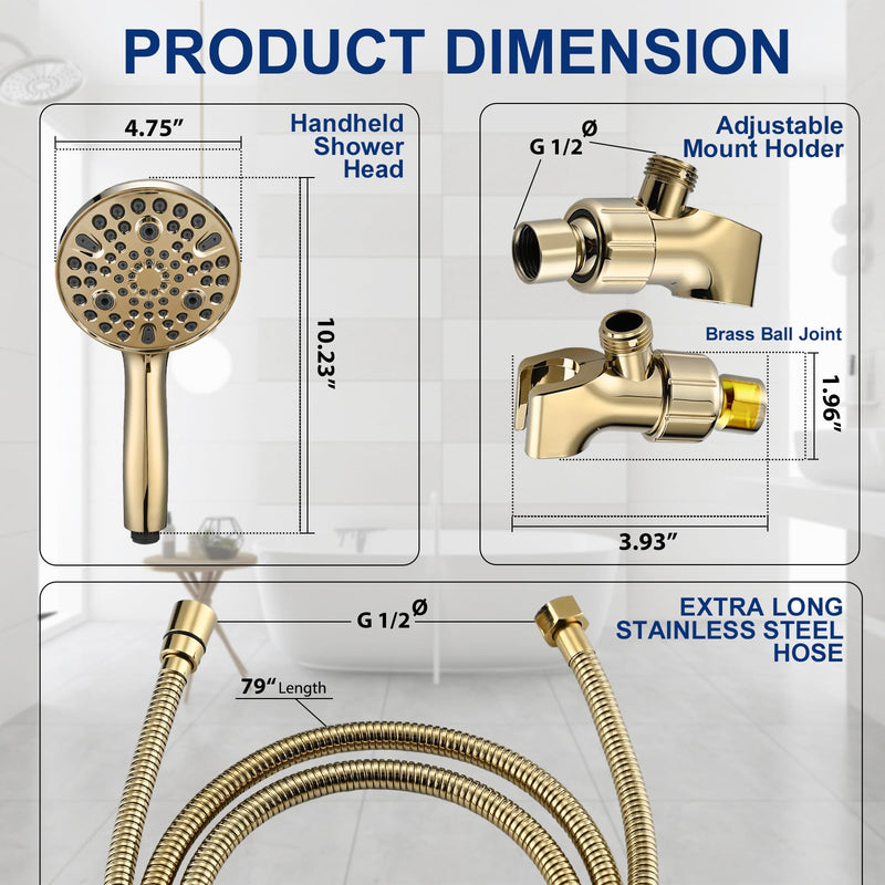 High Pressure 10 Setting Handheld Shower Head, 5" Detachable Showerhead Spray Built-in Power Wash to Clean Tub, Tile & Pets, 79" Extra Long Stainless Steel Hose, Adjustable Bracket - Gold Zirconium Gold