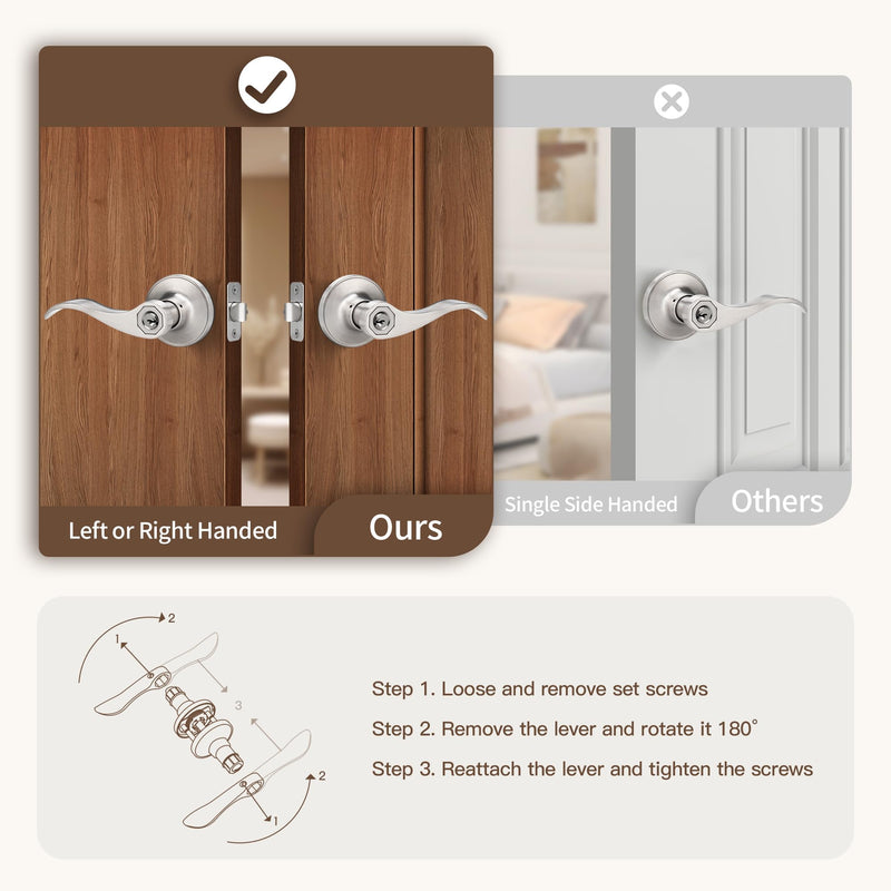 Moquin Wave Design Keyed Entry Door Lever with Lock, Reversible Door Handle for Right/Left Side Front/Entrance Door Lock in Satin Nickel Finish Keyed Entry-Lock & Key