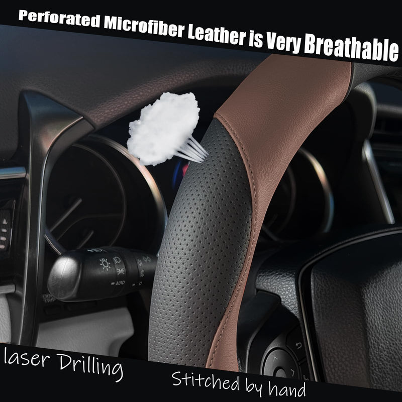 Steering Wheel Cover Universal Standard Size 14.5-15 inch, Breathable Microfiber Leather, Anti-Slip, Soft Grip, Sporty Design, Fits for Cars SUVs Trucks, Black and Chocolate Brown Black and Brown