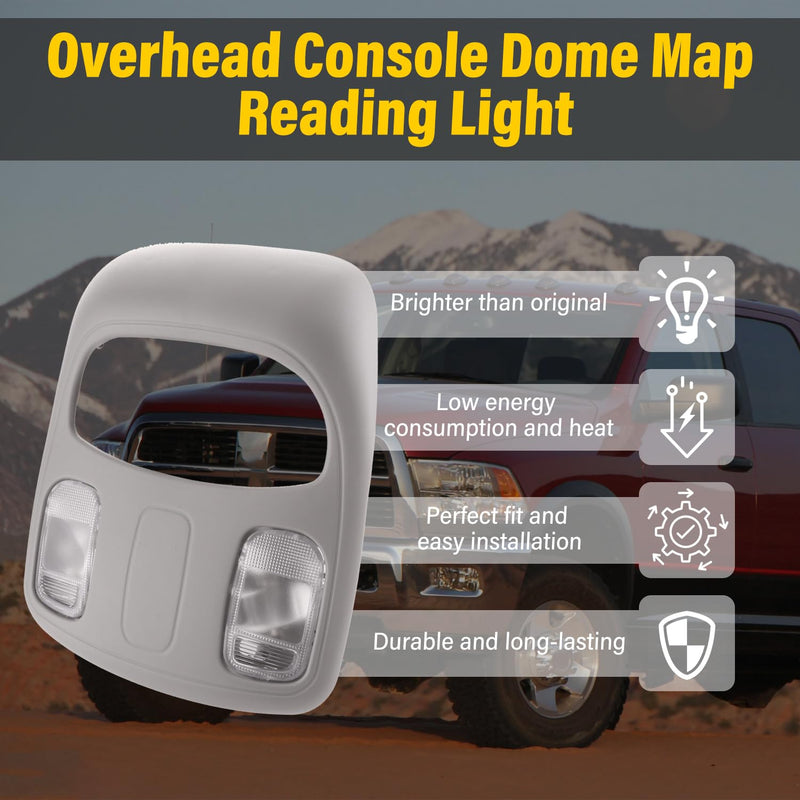 Overhead Console Roof Dome Light Interior Gray Map Reading Light Lamp Assembly, Compatible with 2002-2010 Dodge Ram 1500 2500 3500 4500 5500 Overhead Console Replace# 1DK78BD1AA 1DK78TL2AA Gray-Halogen Lamp Assembly