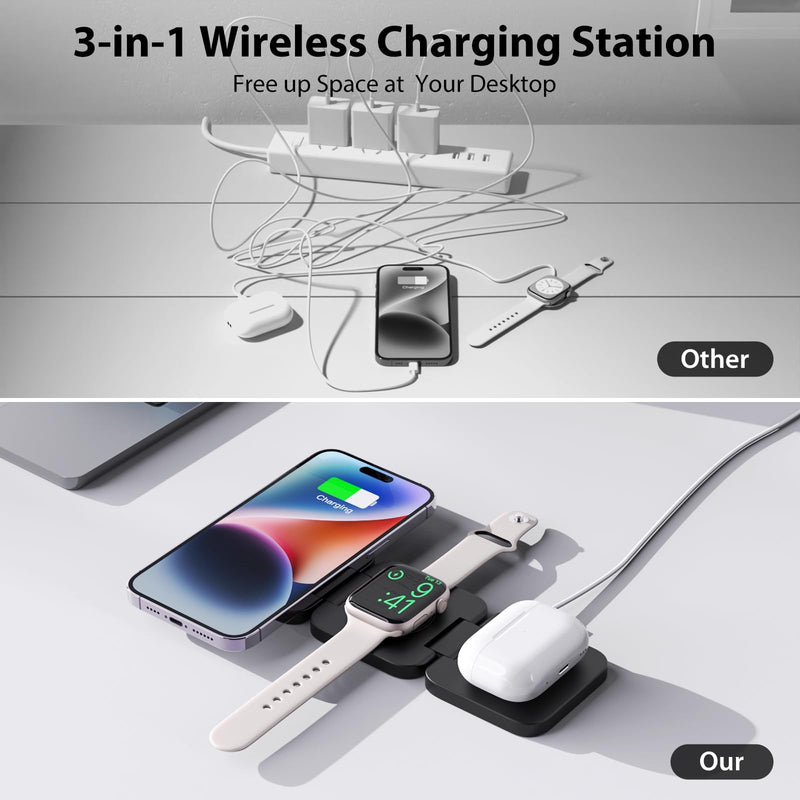 X55 Fast Wireless Charger, Magnetic Foldable 3 in 1 Charging Station for iPhone 15/14/13/12/Pro/Plus/Pro Max, 5W Portable Charger for Apple Watch9/8/7/6/5/4/3/2/SE, for Airpods3/2/Pro-Black Black