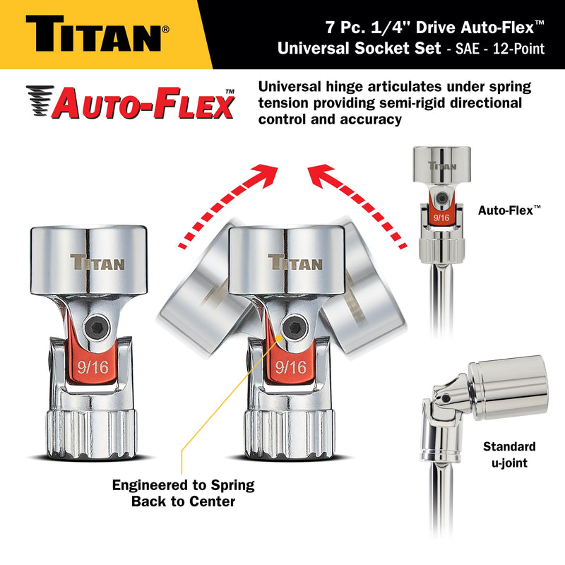 Titan 66860 7-Piece 1/4-Inch Drive SAE Auto Flex Universal Socket Set, 12-Point, 3/16-Inch to 9/16-Inch 0.188 - 0.563 Inch