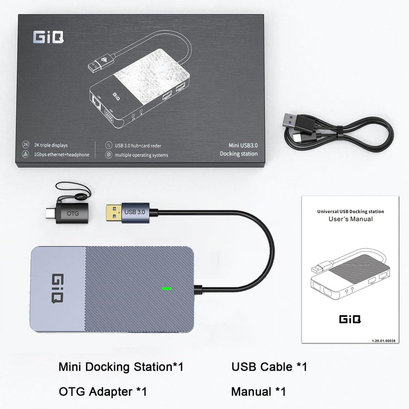 USB Docking Station GIQ USB C HUB USB 3.0 to Dual HDMI VGA Adapter Triple Display USB C Laptop Docking Station Dual Monitor HDMI Splitter Extender Compatible with MacBook M1 M2 M3 M4 M5 USB Dock Gray