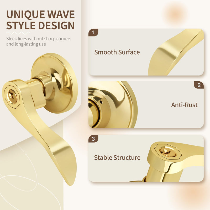 Moquin Wave Style Gold Door Handle with Lock and Key, Keyed Entry Brushed Gold Door Handles for Bedroom or Front Door, Polished Brass 1 Pack Keyed Entry-Lock & Key