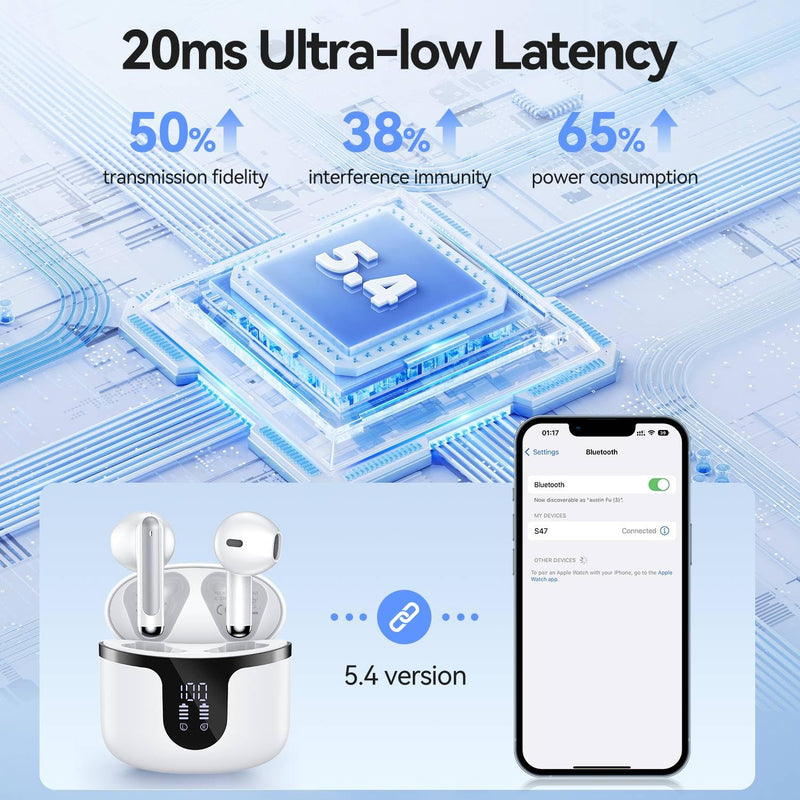 Wireless Earbuds, Bluetooth 5.4 Headphones HiFi Stereo with 4 HD Mic, 50H Playtime Bluetooth Earbuds with Dual LED Display, IPX7 Waterproof Wireless Earphones, Touch Control Ear Buds,USB-C,White White