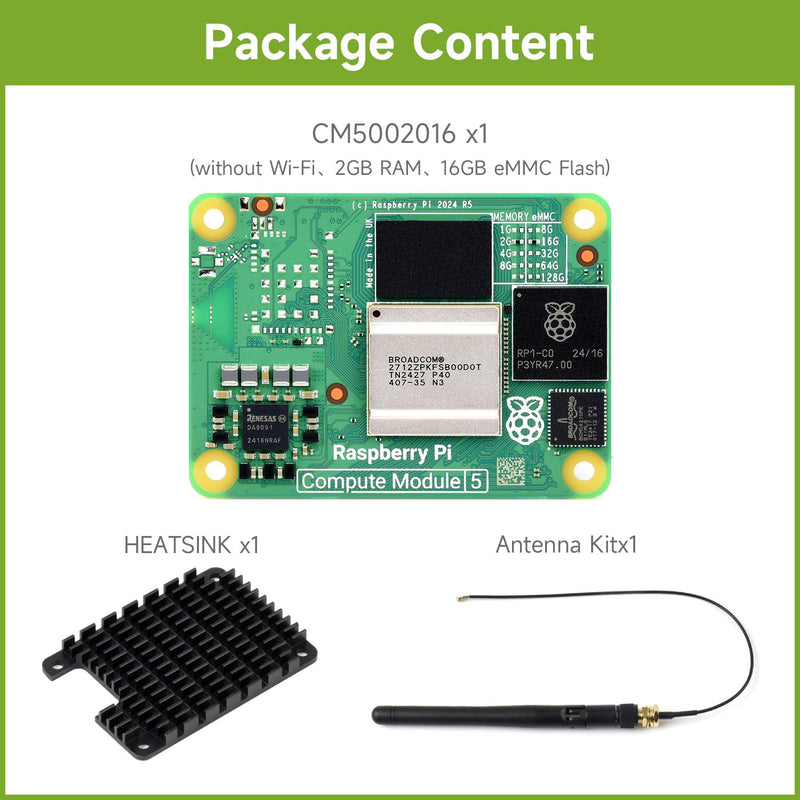CM5 Waveshare Pi Compute Module 5，Comes with an Official Raspberry Pi CM5002016 (Without Wireless, 2GB RAM, 16GB eMMC Flash), an Antenna Kit and a HEATSINK. (3 Items)