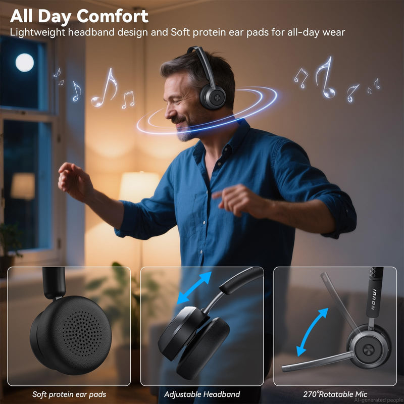 Wireless Headset with Mic for Work, Wireless Headphones with Mic(Noise Cancelling & Mute Button),65H Battery with Charge Base Bluetooth Headset with Microphone for PC/Call Center/Computer/Zooms/Teams Black