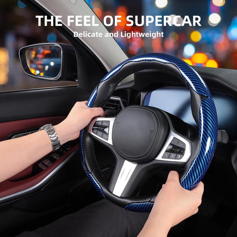 Car Steering Wheel Cover, 3 Piece Bright Carbon Fiber Steering Wheel Covers, Non-Slip Steering Wheel Cover Protector, Great Grip, Universal Car Accessories Decoration for 14.5-15 inch (Blue) Blue Standard Size[14"1/2-15"]
