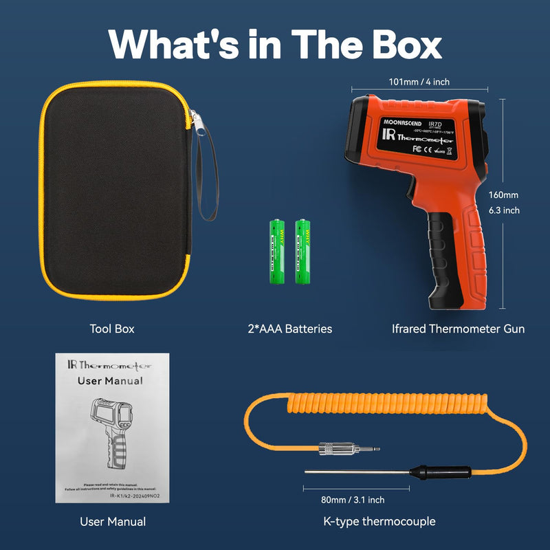 Infrared Thermometer Gun, -58°F to 2732°F, Dual-Mode 50:1 | 932°F K-Type Probe Included，Protective Tool Case Included，Industrial HVAC & Equipment Diagnostics Orange/-58°F to 2732°F and -4°F to 932°F