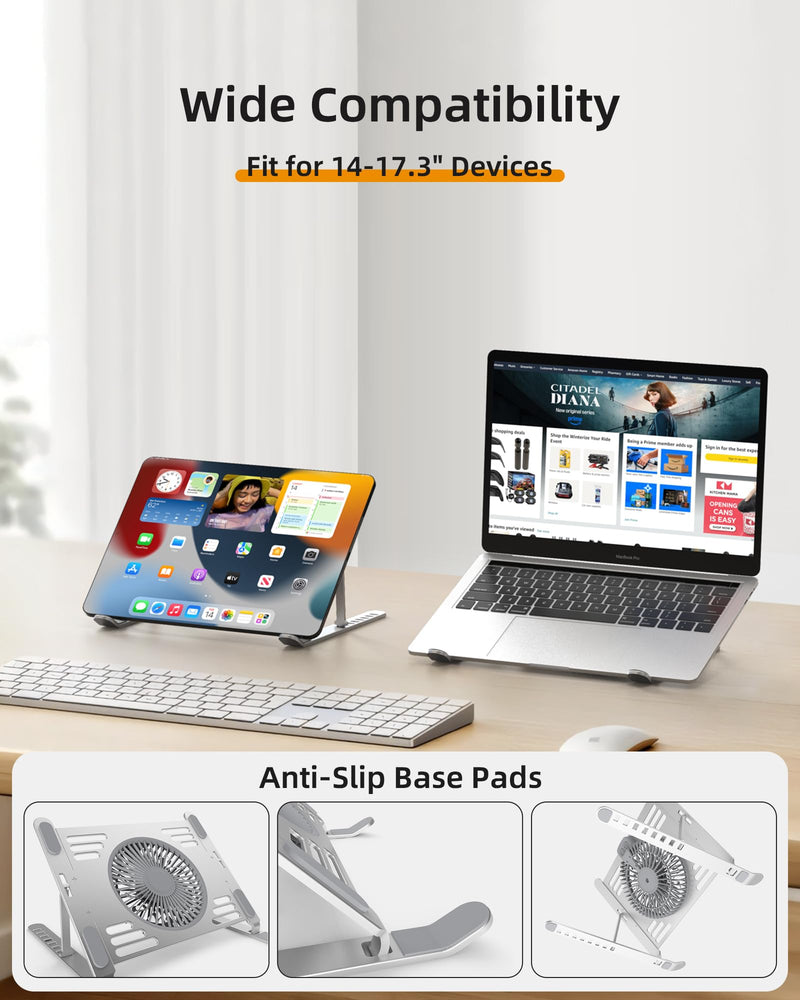 SHUWEI Portable Laptop Cooling Stand, Foldable & Adjustable Aluminum Stand with 3 Speed Powerful Quiet Fans, Ultra-Lightweight Ergonomic Cooling Pad for 17.3" Laptops (Silver, for 17.3" Laptop) Silver