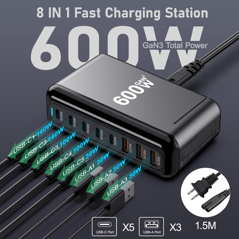 USB C Charger Block 600W 8 Port GaN Fast Charging Station Hub for Laptop, iPad, iPhone 17 Pro Max Fast Charger Pixel DELL MacBook Pro/Air Galaxy S25 Steam Deck USB C 140W Adapter for Android