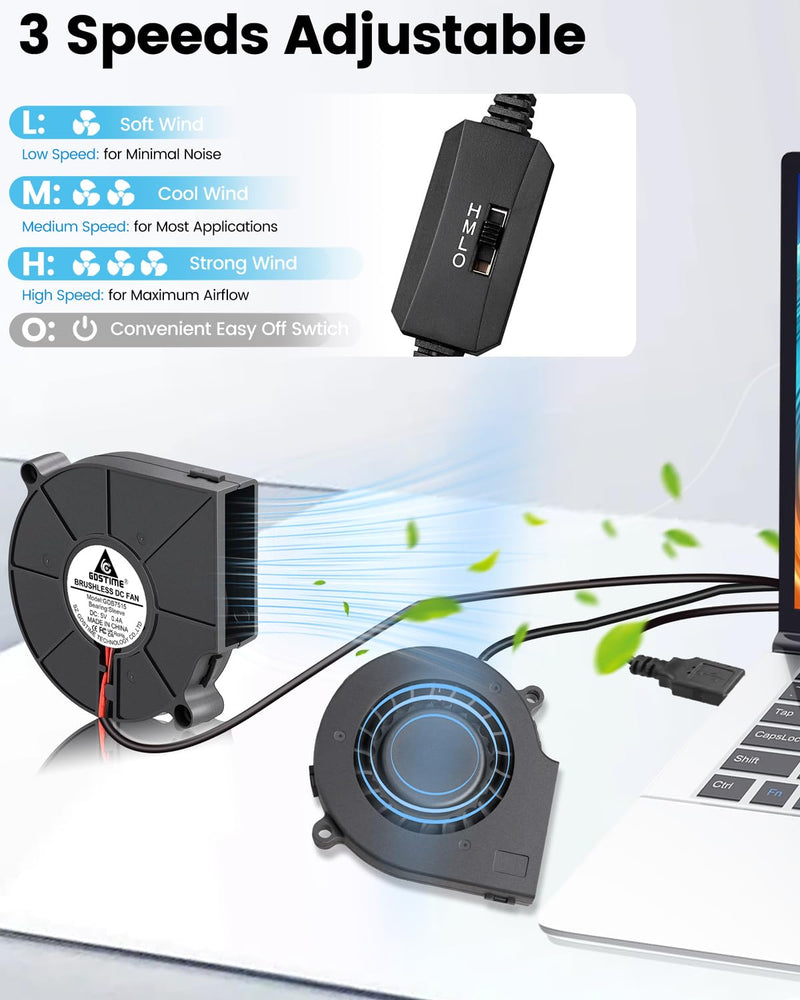 GDSTIME 2-Pack 75mm x 15mm USB Blower Fan with 3 Speed Control, DC 5V Brushless Turbo Cooling Fan for Helmet Laptop 3D Printer