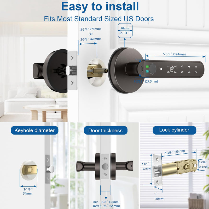 Fingerprint Door Lock, 6-in-1 Smart Door Knob with App Control/Fingerprints/IC Cards/Passwords/2 Keys, Fingerprint Door Knob Biometric Door Lock for Bedroom Apartment-Coffee Brown Coffee Brown
