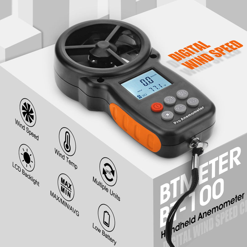  [AUSTRALIA] - BTMETER BT-100 Handheld Anemometer, Digital Wind Speed CFM Meter Gauge Air Flow Velocity Tester for HVAC Shooting Drone, Wind Chill, 14℉-113℉ Wind Temperature BT-100 Anemometer