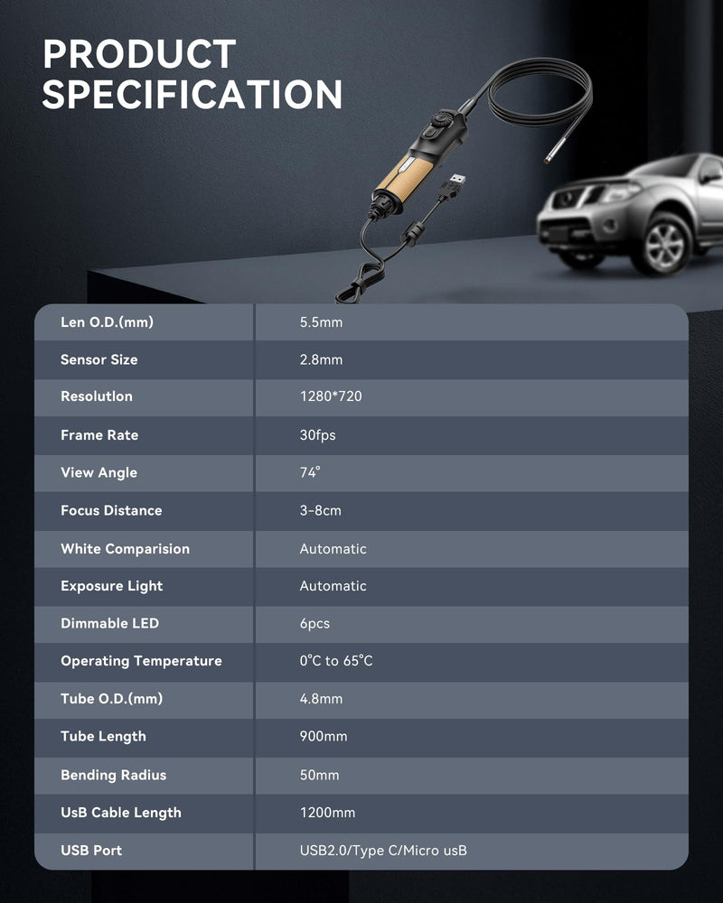 THINKCAR TES102 Endoscope Camera with Light, 0.21 Inch HD Borescope with 6 Adjustable LED Light, IP67 Waterproof Semi-Rigid Snake Camera, One Click Snapshot Inspection Borescope