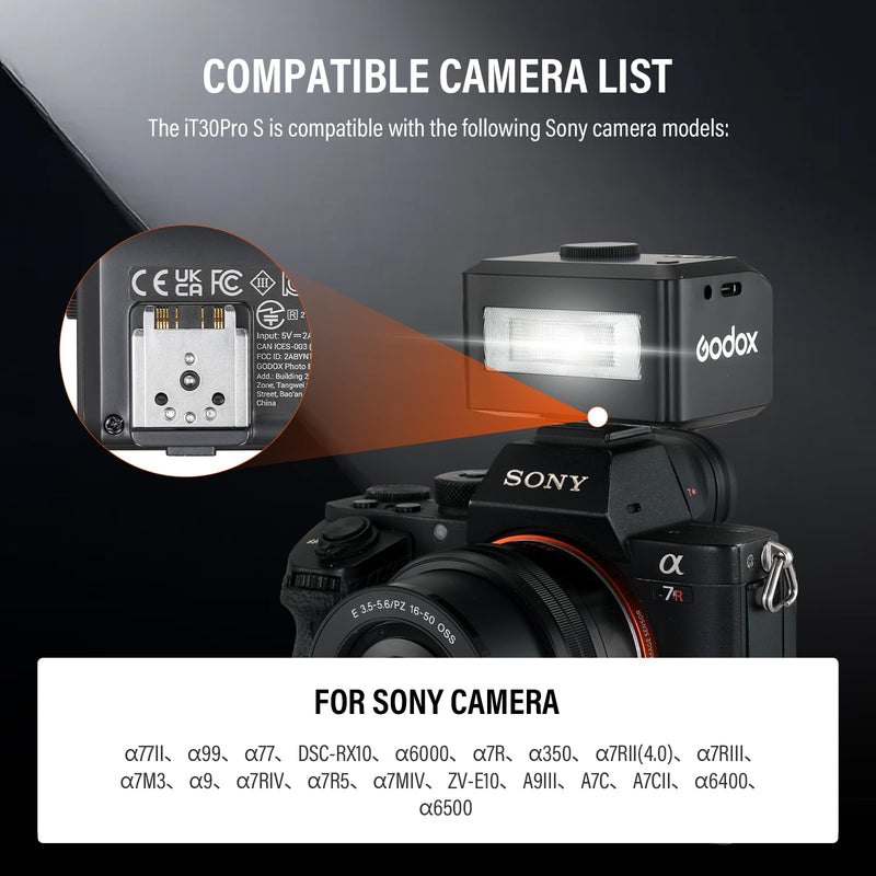 Godox iT30 Pro S Mini TTL Flash for Sony Cameras Godox iT30Pro S- 2.4G Wireless Master & Receiver Trigger Touchscreen, GN15, 1/8000s HSS Speedlite, Built-in Diffuser and Lithium Battery IT30 PRO S (Black)