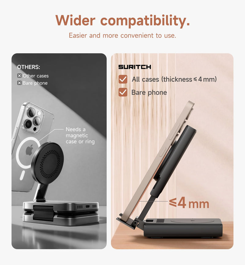 SURITCH for Samsung 3-in-1 Wireless Charging Station, Ultra-Portable Charging Dock Stand for Galaxy S26/S25/S24/S23/S22/S21/Note/Z Fold Flip, Galaxy Watch 8/7/6/5/4/3/Buds, Black