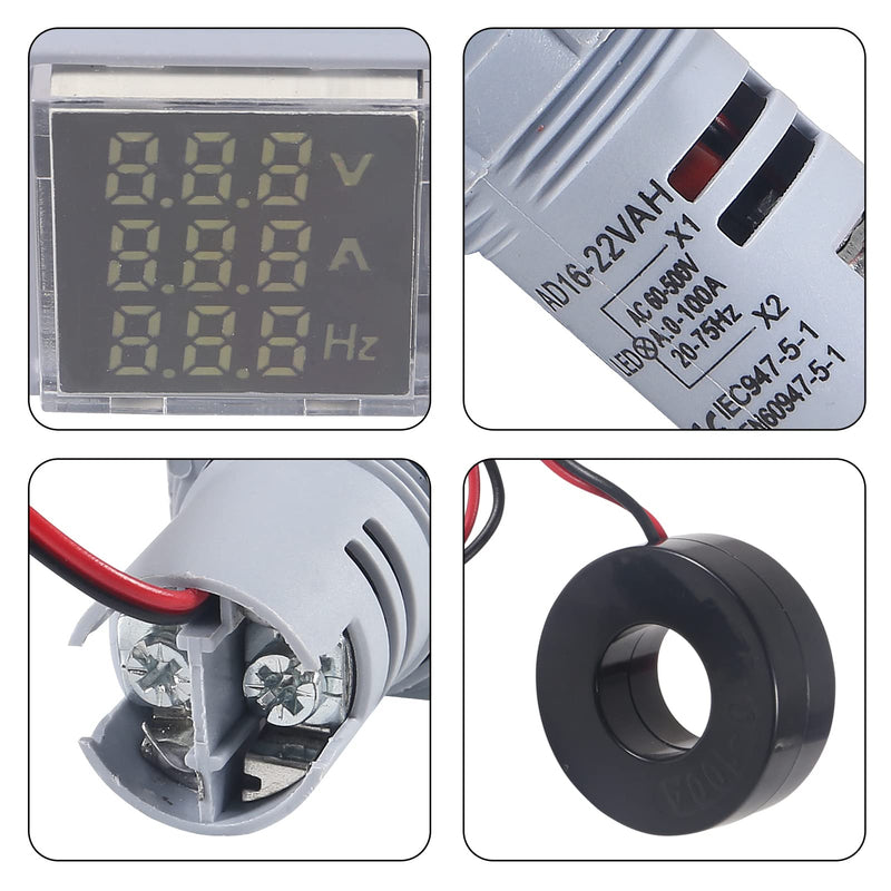 2PCS 3 in 1 22mm LED Digital Voltmeter Ammeter AC 60-500V 0-100A 20-75Hz AC Current Frequency Meter Indicator Digital Voltage Amp Tester with CT (White) White