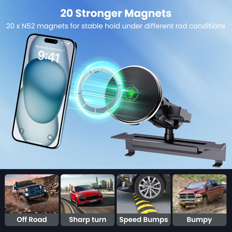 Magnetic Phone Mount Wireless Charging for RAM 1500 2500 3500 2013-2018 | Fits 2019+ RAM 1500 Classic | 20-Magnet Strong Hold | 15W Fast Charge | 360° Rotation | No Drilling | Metal | Easy Install Wireless Charge