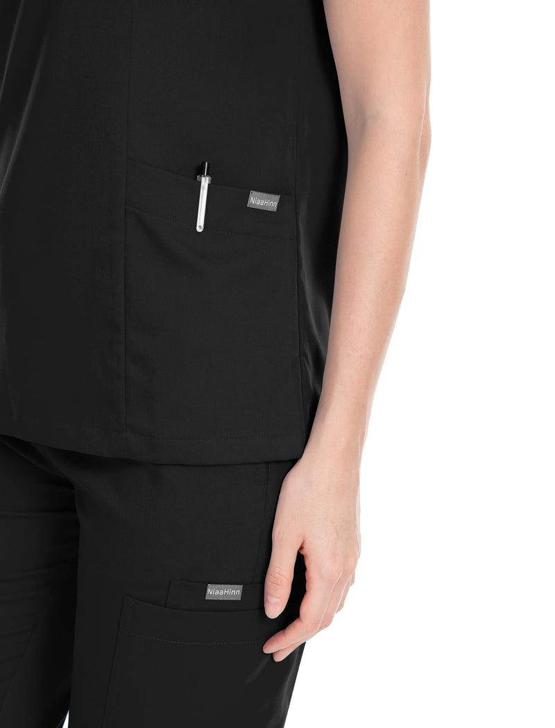 niaahinn Scrub Suit Set for Women Modern V-neck Top & Tapered Leg Jogger Pants with Drawstring Medical Nursing Uniforms Set Medium Black