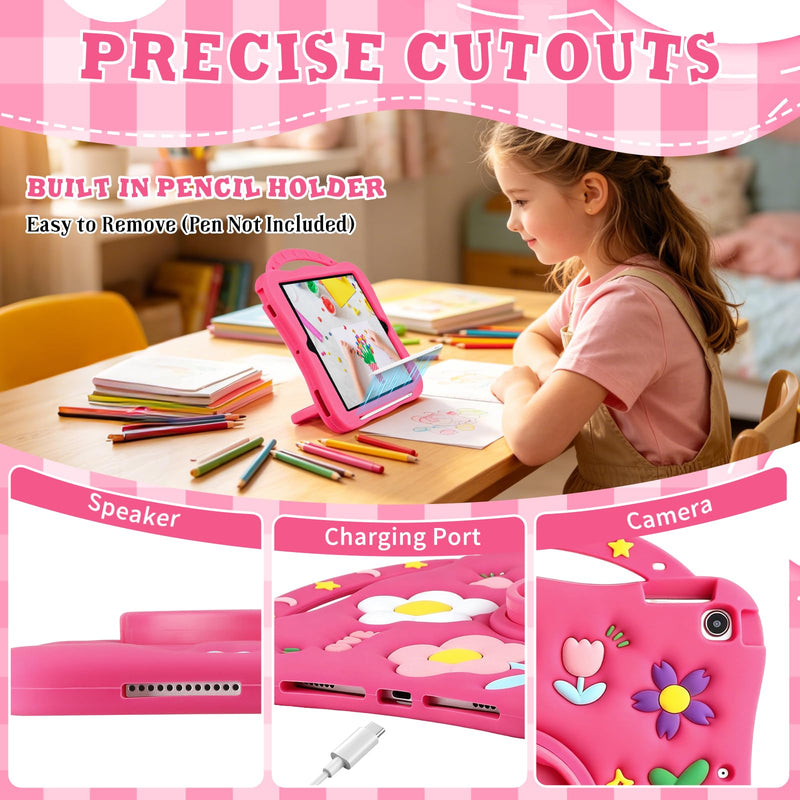 SAMONPOW for iPad 9th/8th/7th Generation Kids Case 10.2 Inch 2021/2020/2019 | Girly Flower Silicone Cover 9th/8th Gen iPad Case 10.2 Inch for Girls with 360°Rotating Stand Handle Pencil Holder, Hot Pink for iPad 9th/ 8th/ 7th Gen Case