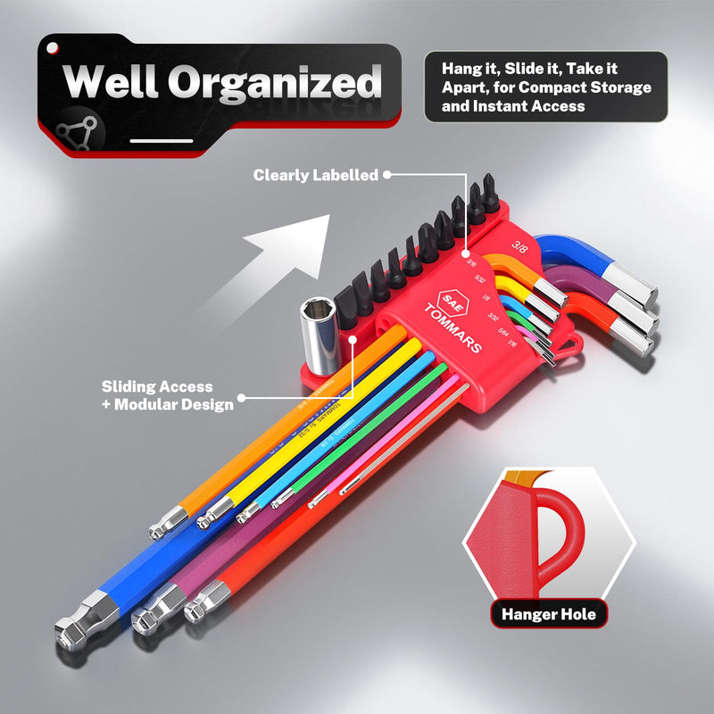 TOMMARS 40-PC Magnetic Ball End Allen Wrenches Set,Color Coded and Extra Long Arm Hex Key Set SAE(1/16''-3/8") Metric(1.5mm-10mm) With Screwdriver Bit Set and Adapter 18-PC Metric & SAE