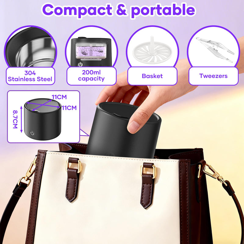 Ultrasonic Retainer Cleaner Machine, 50kHz Ultrasonic Jewelry Cleaner with 3 Modes, Dental Pod for Rings, Toothbrush Heads, Watches, Dentures, Retainers, 200ML Capacity, 304 Stainless Steel Black