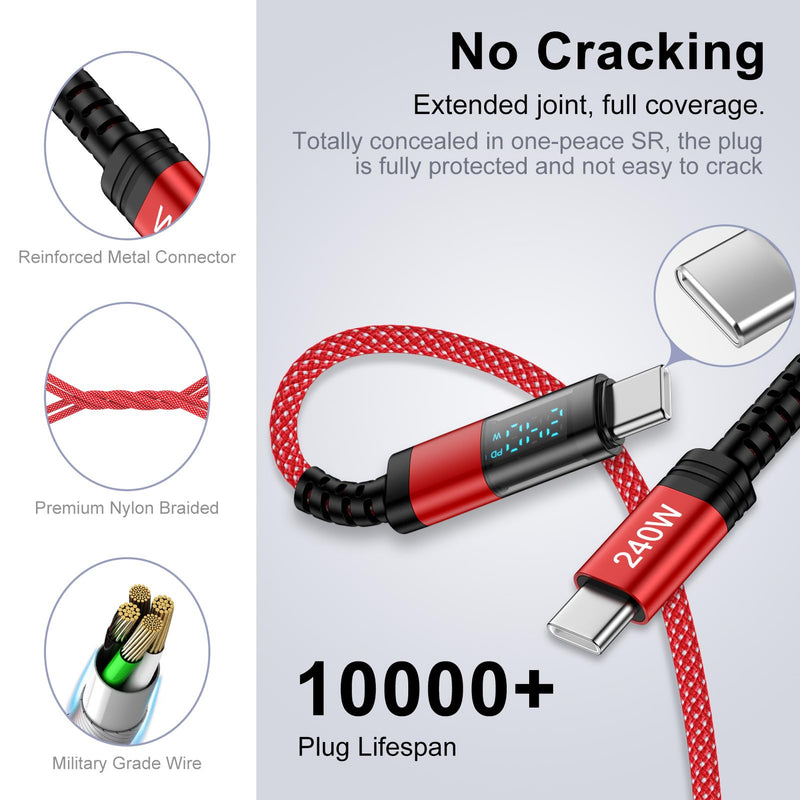 USB C to USB C 240W Samsung Charger Cable 6FT with LED Display | Super Fast Charging Android Phone Charger Cord for Samsung Galaxy S26Ultra S25FE S25Edge A17 A57 A37 A16,MacBook,iPad Red