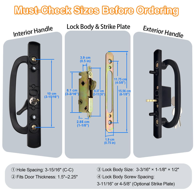 Sliding Glass Door Handle Set Replacement with Keyed Lock, 3-15/16" Screw Hole Spacing, Reversible Non-Handed Patio Door Handles, Aluminum Pull, Fits 1-3/8" to 2" Thick Doors (Black, No Keeper) Black