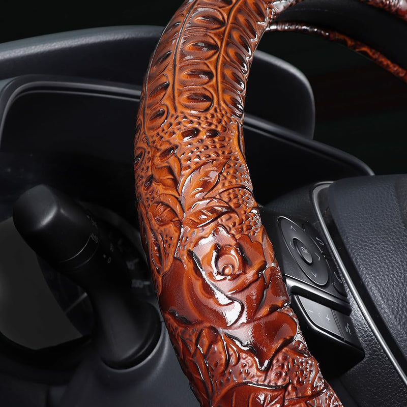 Leather Auto Car Steering Wheel Cover,Anti Slip Universal 15 Inch,Brown Crocodile with Rose Grain Brown