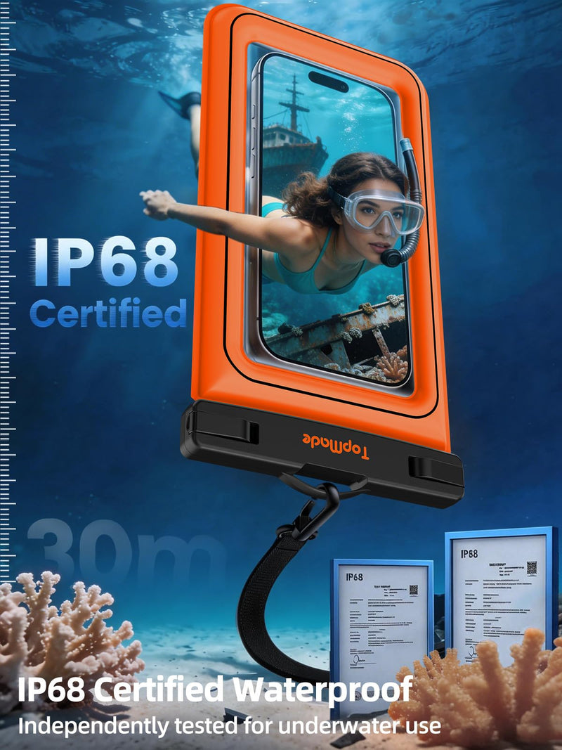 TopMade Floating Waterproof Phone Pouch, 2 Pack IP68 Waterproof Phone Case | Beach/Cruise/Travel Essentials, Detachable Lanyard, Waterproof Pouch for iPhone 17 16 15 Pro Max, S26 Ultra Up to 7", Orange