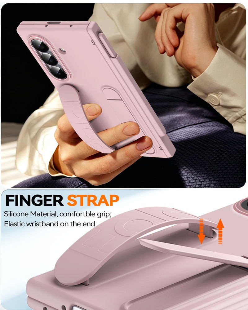 Finger Strap for Samsung Galaxy Z Fold 8 Ultra Case with S Pen Holder & Stylus, [Two Magnetic Hinge Cover] All-Round Screen Protector Kickstand Slim Hand Grip Cover Case for Fold 8 Ultra Pink