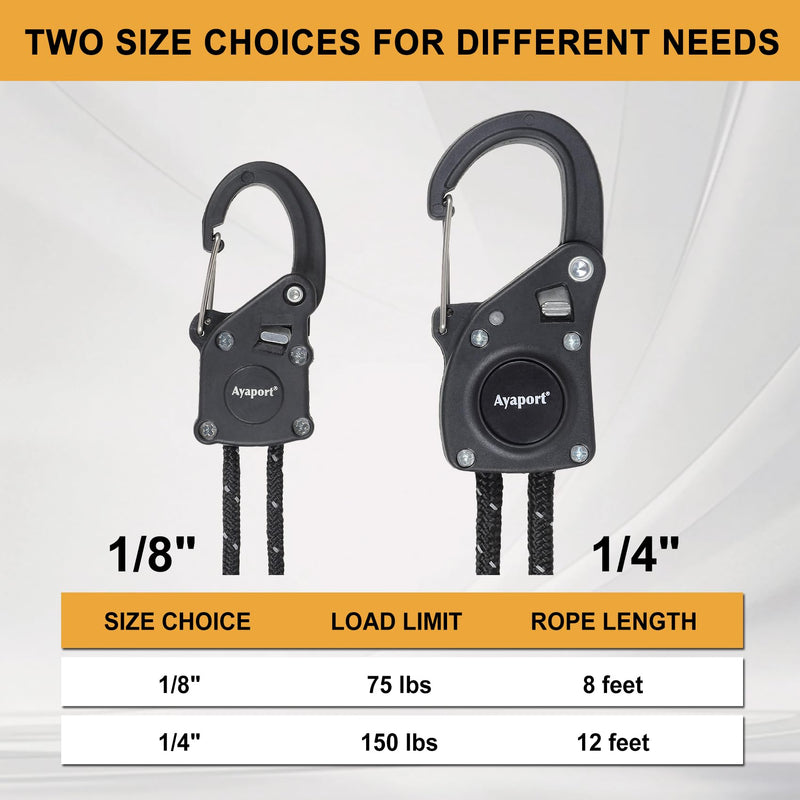 Ayaport Rope Tie Down Ratchet with Carabiner Clip 1/4" x 12' Rope Cord Tightener Heavy Duty Construction Kayak tie Downs for Tent, Tarp, Camping Black 1/4"x12'-2pcs