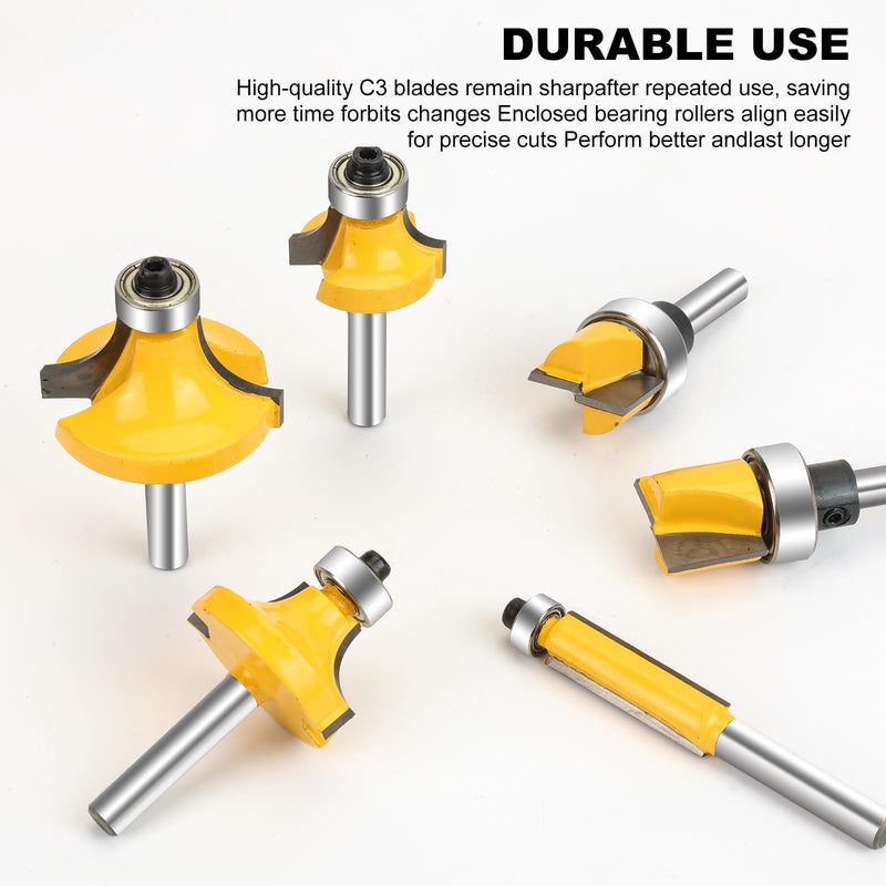 14 PCS Router Bits Set 1/4 Inch Shank | Conventional Universal Set, Roundover Router Bits, Flush Trim Router Bit, Hinge Mortising, Flush Trim Template