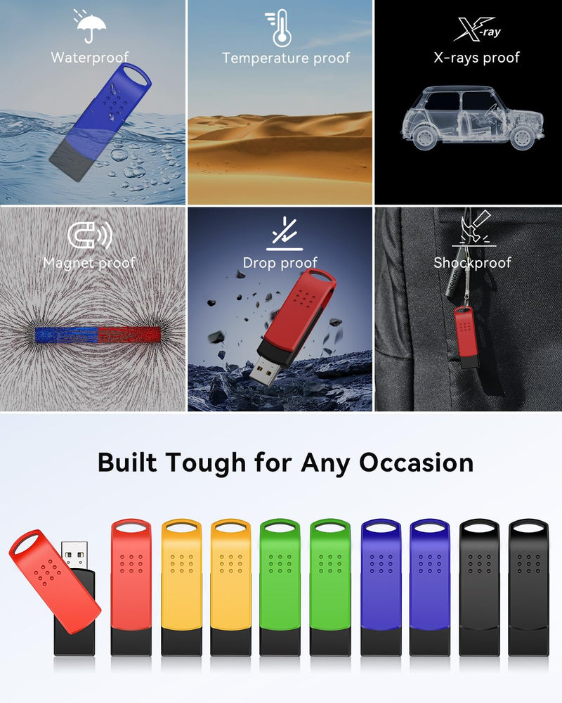  [AUSTRALIA] - KEXIN 16GB Flash Drive 10 Pack USB 2.0 Thumb Drives Swivel USB Memory Stick Bulk USB Drive with LED Light Stylish Colorful Pen Drive for Photo Video File Music – Green, Red, Black, Blue, Yellow,16 G 16G