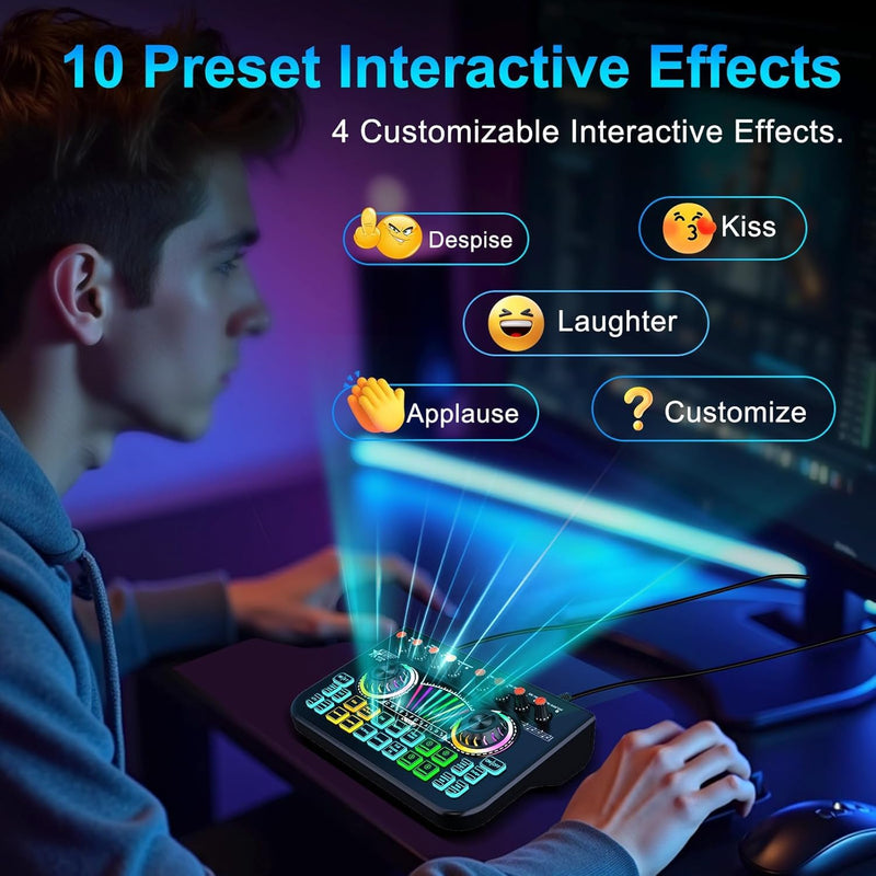Gaming Audio Mixer Sound Board Mixer w USB Audio Interface Voice Changer, All-in-One Podcast Live Sound Card for Streaming w Soundboard Customizable Soundpads for PC Smartphone Recording Broadcasting BYS-X3-LBACK