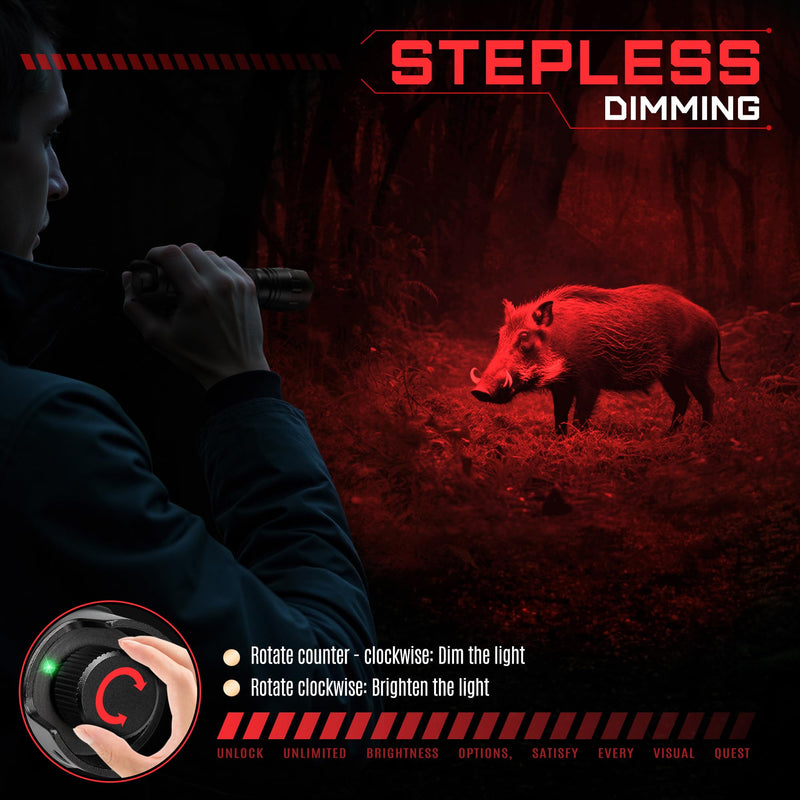 DARKBEAM Red Light LED Flashlight Tactical USB Rechargeable Stepless Dimming, Flood/Spot Portable Handheld Redlight for Night Hunting, Camping, Observation, Fishing, Astronomy, Rescue, Stargazin Pocket-size (501M)