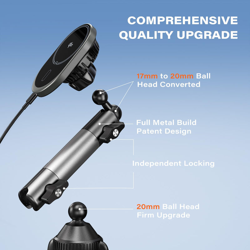 A2C for Magsafe Car Mount Charger, QI2 15W Wireless Fast Charging Cup Holder Phone Charger - Dual Cooling System, Aluminum Alloy Tri-Pivot Arm, 18 N54 Strong Magnets for iPhone 17/16/15/14/13/12 Only