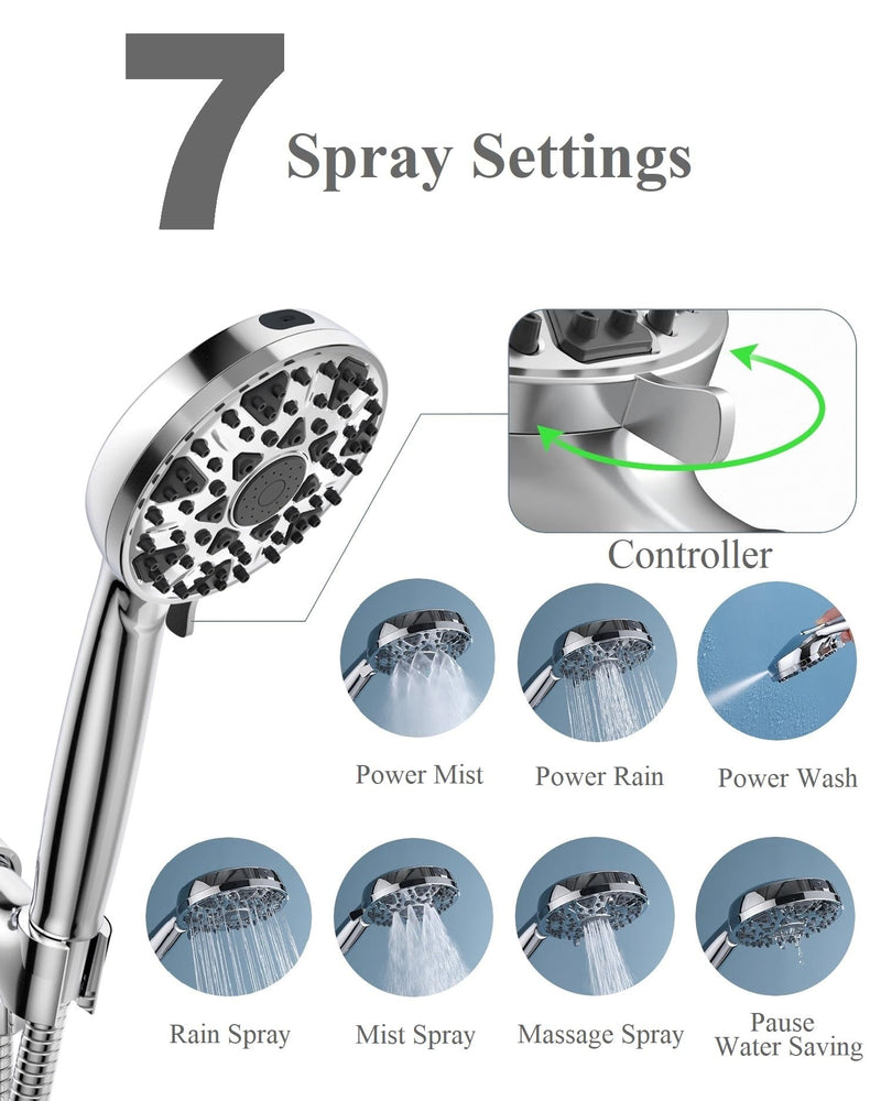 BOWGER Shower Head with Handheld High Pressure Multi-Function 7 modes, Built-in Power Wash to Clear Tub, Tile & Pets, 5” High Flow Hand Held Rain Showerhead with Extra Long Hose and Adjustable Bracket Luxury Chrome Polished