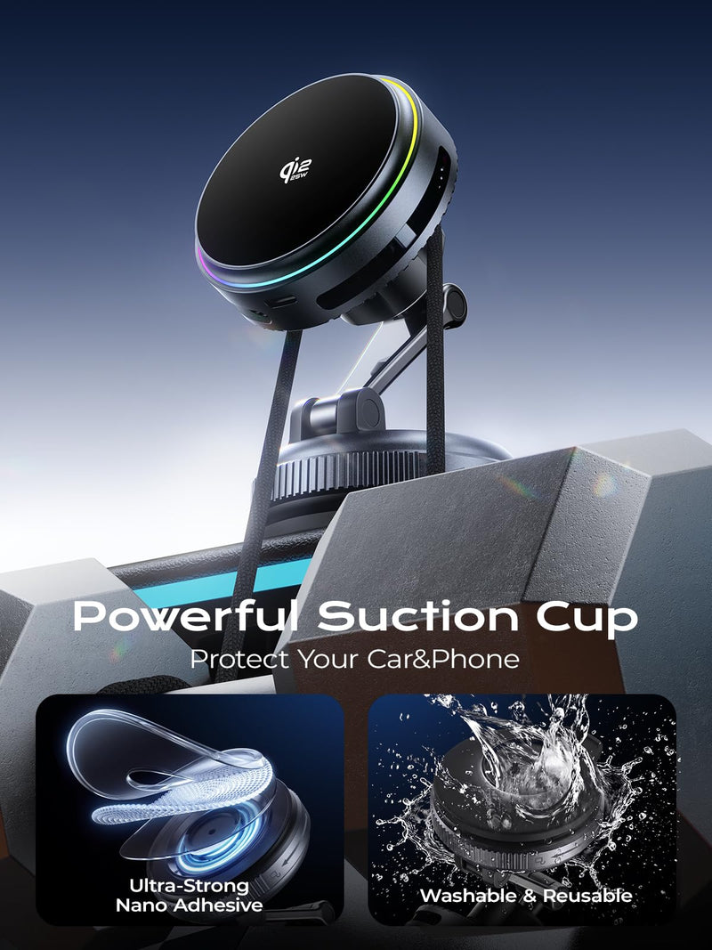 XO Qi2.2 Magnetic Car Mount Charger,25W Fast Charging with Cooling Fan and LED Light, 360° Rotatable Strong Hold Car Phone Mount with for Phone,Universal Fit for Most Vehicles, Easy Installation