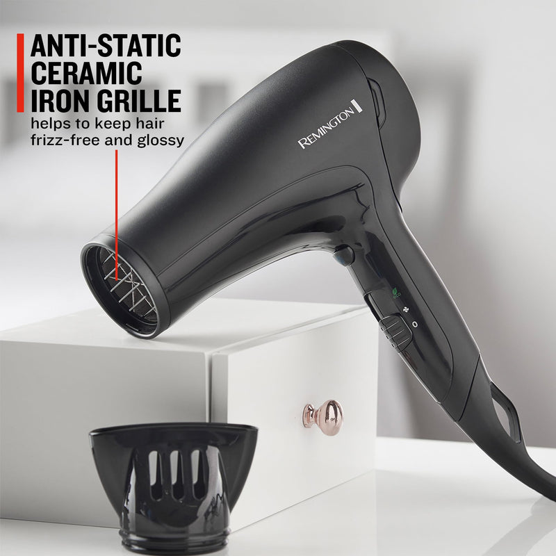 Remington D3010 Power Dry Lightweight Hair Dryer, 2000 W, Black | Three Heat and Two Speed Settings, Eco Setting, Ceramic Ionic Grille, Removable Easy-Clean Grille D3010 Remington Power Hair Dryer