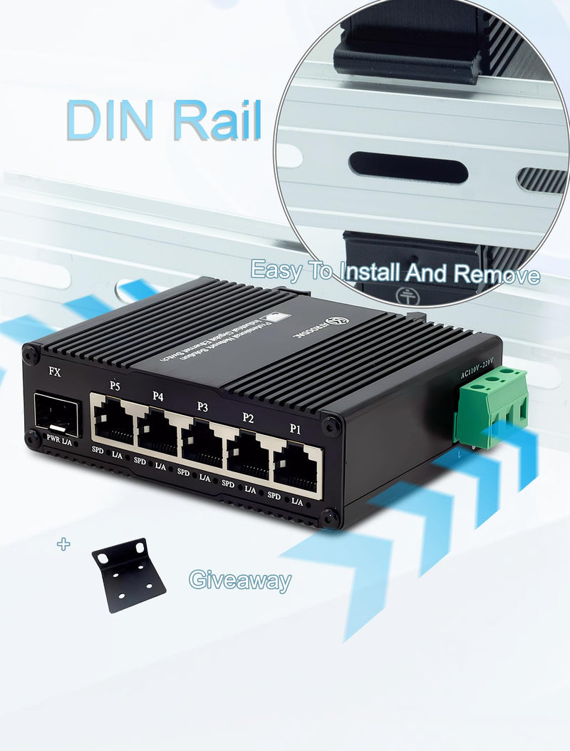 Mini AC Power Supply 5 Port Gigabit Switch with SFP Slot Din Rail Fanless Industrial Unmanaged Ethernet Switch 5*1000Mbps RJ45 Port +1G SFP Fiber Port Support Network Switch AC 85~250V Input AC Power 5-Port Switch